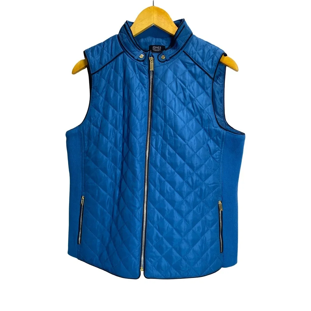 Jones New York Signature Blue Quilted Vest Gold Hardware Women Large Fall Winter